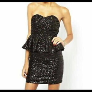 OPULENCE England ASOS black sequin strapless peplum mini dress